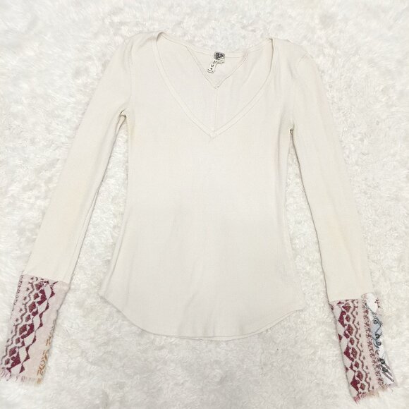 Free People We the Free Women Art School Cuff V-Neck Thermal Shirt Cream Size M - Picture 2 of 10